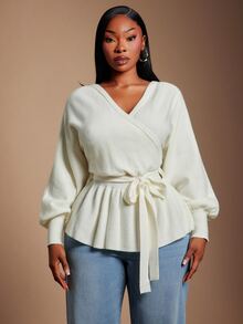 SHEIN SXY Plus Size Women's Solid Color V-Neck Knotted Waist Casual Versatile Long Sleeve Sweater - White - View 9