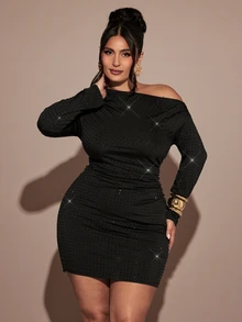 SHEIN BAE CURVE Plus Size Women Black Asymmetrical Shoulder Rhinestone Long Sleeve Dress - Black - View 6