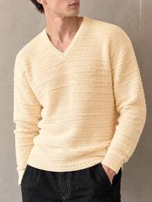 TONEVAULT Men's V-Neck 3D Horizontal Striped Knit Sweater, Old Money Style Textured Drop Shoulder Long Sleeve Casual Versatile Pullover, Autumn/Winter - Apricot - View 1