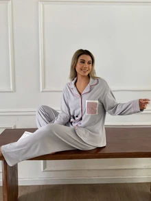 DAZY Women's Colorblock Long Sleeve Top And Pants Casual Daily Home Sleepwear Set - Light Grey - View 6