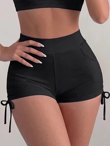 SHEIN Sovereign Charm Women's Plus Size Solid Color Pocket Tie Design Sports Shorts - Black and White - View 6