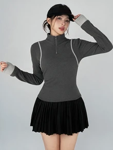 DAZY Women's Autumn/Winter Korean Style Dark Gray Half-Zip Turn-Down Collar Slim Fit Contrast Line Decor Fitness Outdoor Running Polo Shirt Casual Sports T-Shirt - Dark Grey - View 8
