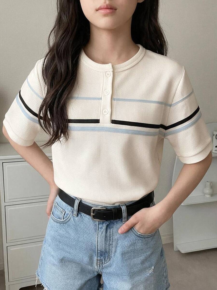 DAZY Basic Collared Striped Colorblock Short Sleeve T-Shirt For Tween Girls - Beige - View 1