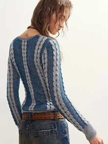 Bohemela Fall/Winter, Mixed Blue V Neck Twisted Rope Knit Washed Pullover Sweater,Vintage Twist Special Dye Technique,Concert Party Outfit,Daily&Going Out Wear - Blue and White - View 7