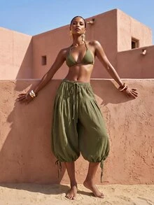 Zivah Women's Beach Vacation Cover-Up Drawstring Ruched 3/4 Lantern Pants For Beach Party - Army Green - View 5