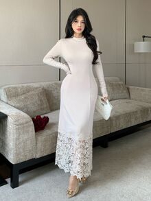 Feyla Ny fransk vintage elegant bodycon-klänning med hög hals, spetskant och patchwork, figursydd - Aprikos - Visa 3