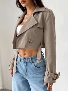 SHEIN EZwear 女款缺口領鈕扣前襟長袖短款風衣，適合秋冬日常休閒穿著 - 卡其色 - 查看 5