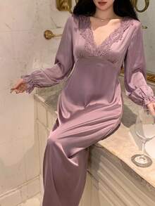 DAZY Women's Lace Patchwork V-Neck Cinched Waist Long Dress Nightgown - Purple - View 5