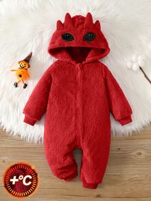 SHEIN Baby Boy Cartoon Pattern Casual Daily Long Sleeve Winter Jumpsuit - Red - View 3