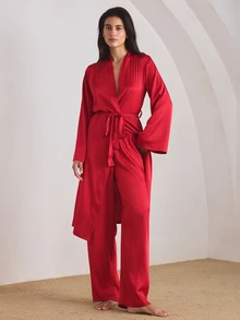Ocili Women's Elegant Glossy Satin Minimalist Long Robe - Burgundy - View 3