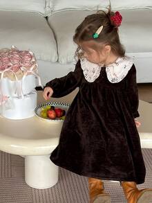 DAZY Infant/Toddler (Girl) Colorblock Patchwork Long Sleeve Korean Style Dress, Autumn/Winter - Coffee Brown - View 5