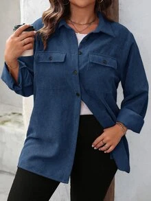 SHEIN LUNE Plus Size Women's Solid Color Long Sleeve Utility Pocket Casual Jacket, Spring & Fall Winter Autumn - Blue - View 6