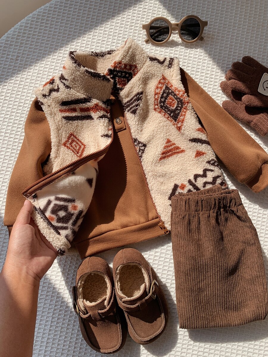 SHEIN Unisex Baby Boy/Girl, Toddler 3pcs Autumn/Winter Thermal Lined Thick Sweatshirt Set And Fleece Vest Jacket Set, Baby Winter Outfit Set, Christmas - Brown - View 1