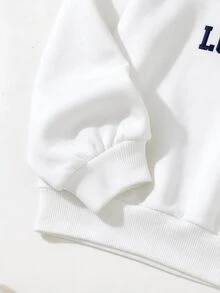 SHEIN Tween女孩口號印花寬鬆圓領連帽衛衣與修身運動褲套裝，麻灰白海軍藍，秋季休閒校園返校舒適款 - 白色 - 查看 3