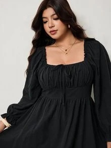 Enliva Gaun Hitam Lengan Panjang Kasual Ukuran Plus untuk Wanita, Sempurna untuk Kencan, Bentuk Tubuh Apel dan Bulat - Hitam - View 7