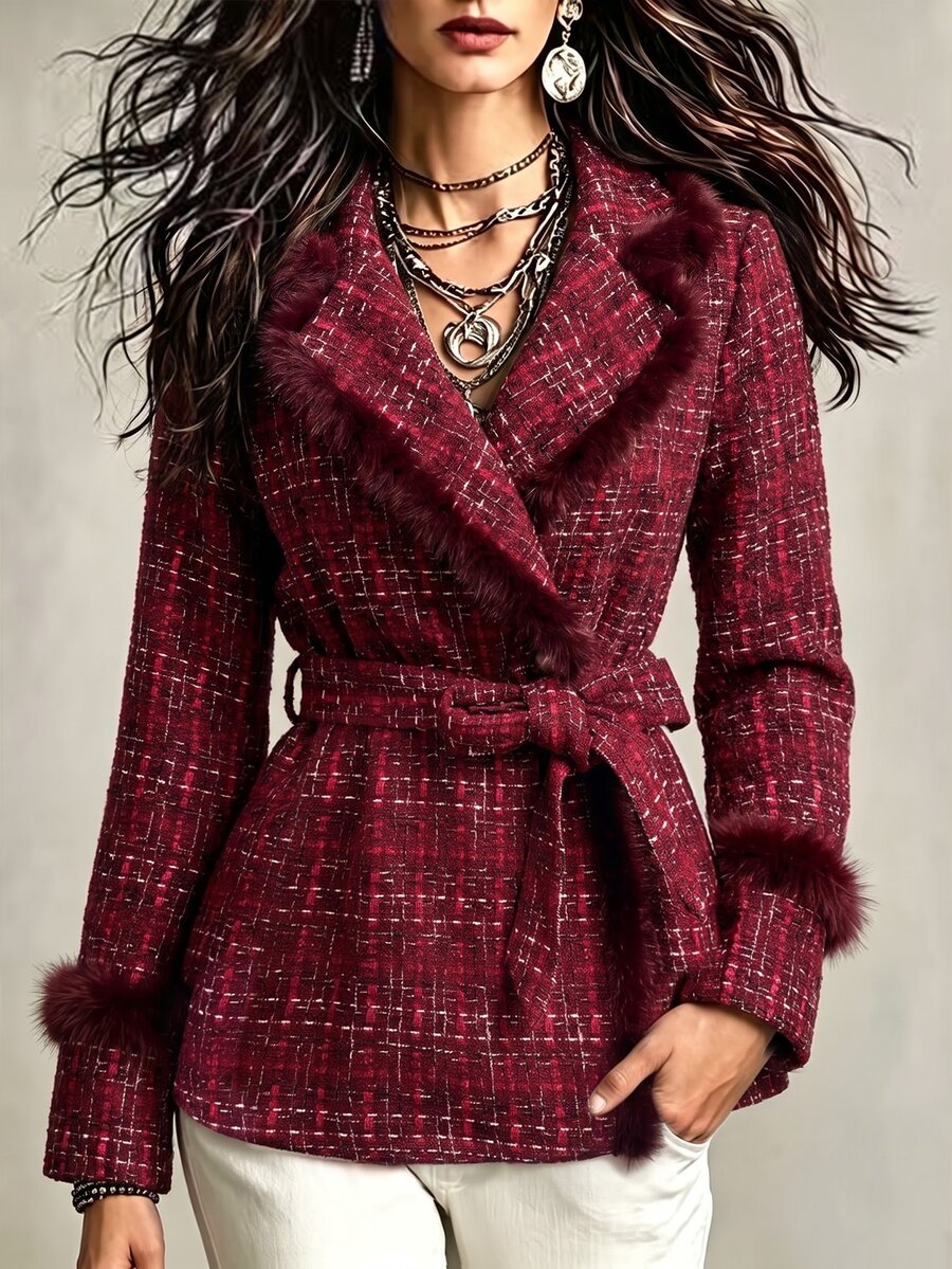 Yalmera Women's Fashionable Versatile Wool Blend Jacket With Waist Tie - Red - View 1