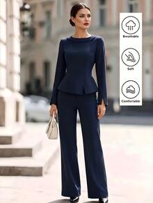 SHEIN Women's Professional 2 Pieces Set, Elegant Top Paired With Slim Fit Suit Pants, Solid Color Minimalist Design, Sophisticated Formal Style, Suitable For Office Commute, Business Meetings, Formal Occasions - Blue - View 1