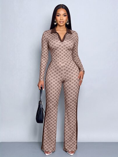 SOLERSUN Conjunto de top corto de manga larga con estampado de monograma vintage y pantalones de pierna ancha de cintura alta para mujer, conjunto de ajuste ceñido que favorece la figura para streetwear