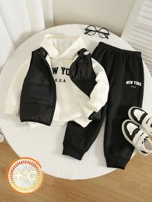 SHEIN 3件組男童秋冬保暖內裡加厚背心外套休閒衛衣與長褲套裝，外穿套裝，男童套裝，秋冬套裝，運動套裝，滑雪套裝 - 彩色 - 查看 5