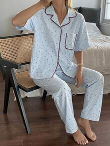 DAZY 2pcs/Set Women's Polka Dot All-Over Print Short Sleeve Cardigan Top & Straight Leg Long Pajama Pants Sleepwear Set - Blue - View 8