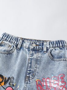 SHEIN Tween Girls Graffiti Heart Letter Print Y2K Style Light Blue Printed Simple Casual Loose Wide Leg Distressed Ripped Vintage Washed Denim Jeans - Blue - View 5