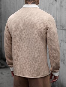 Manfinity CasualCool 男士拼色長袖 Polo 領襯衫，休閒時尚日常穿著、通勤，適合秋季、正式場合，白色長袖 Polo 衫，男士 Polo 衫，紋理提花面料，紋理 Polo，翻領 Polo，春秋男裝，淺色奢華成熟裝飾輕商務 - 杏色 - 查看 2