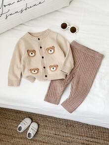 SHEIN 男女嬰兒/幼兒 2件組秋冬加厚抓絨內裡可愛熊圖案開襟衫套裝，毛衣套裝，嬰兒冬季毛衣套裝，服飾，聖誕節 - 咖啡棕 - 查看 4