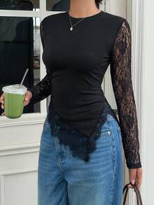 SHEIN Frenchy 女款蕾絲拼接性感約會長袖T恤，秋冬優雅正式奢華商務時尚基礎款，聖誕返校節慶適用 - 黑色 - 查看 4