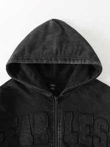 ROMWE MEN Street Life Men's Washed Distressed Rhinestone Applique Embroidered Text Plus Size Zip-Up Hoodie - Black - View 3