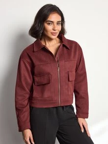 Easithlete Easithlete Women's Fashion Jacket, Faux Suede, Daily Commute Versatile Style, Large Pockets & Lapel Design - Burgundy - View 4