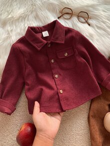 SHEIN Baby Boy Solid Color Versatile Comfortable Collared Long Sleeve Button-Up Shirt - Burgundy - View 6