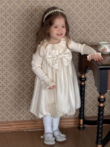 DAZY Infant/Toddler (Girl) Round Neck Bow Korean Style Party Dress - Apricot - View 1