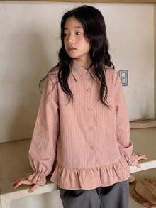 Dazy Kids 女童休閒條紋長袖寬鬆基本款襯衫 - 粉色 - 查看 1