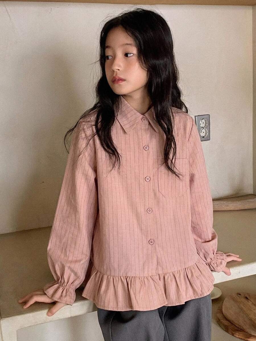 Dazy Kids 女童休閒條紋長袖寬鬆基本款襯衫 - 粉色 - 查看 1