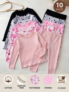 SHEIN LMoss Kids Baby Girl Knit Solid Color Polka Dot Striped Heart Pattern Ruffle Trim T-Shirt And Long Pants 10pcs -Piece Set - Multicolor - View 7