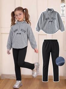 SHEIN 2件組女童休閒秋冬字母印花套裝，4-7歲，柔軟天鵝絨半開領上衣與彈性長褲，街頭風穿搭 - 灰色 - 查看 1