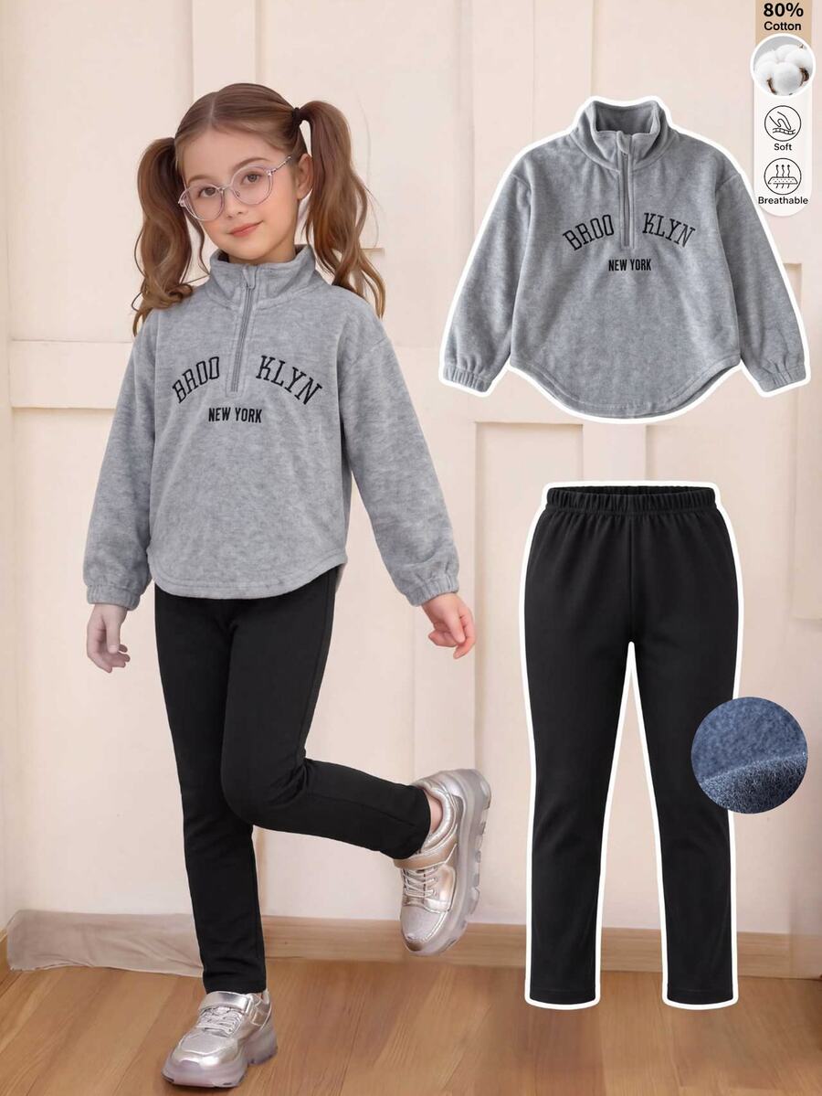 SHEIN 2件組女童休閒秋冬字母印花套裝,4-7歲,柔軟天鵝絨半開領上衣與彈性長褲,街頭風穿搭 - 灰色 - 查看 1