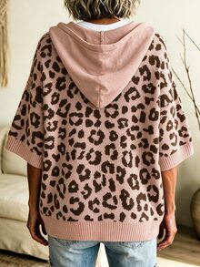 Balvessa Women's New Autumn/Winter Leopard Print Jacquard Casual Pullover Knit Sweater, Hooded Drawstring Drop Shoulder Short Sleeve Loose Ribbed Knit Top - Multicolor - View 2