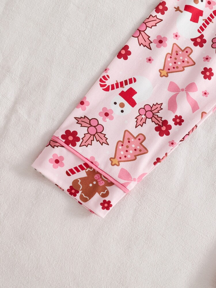 Young Autumn/Winter Girl Christmas Pajamas Tree Gingerbread Man Bow 2pcs Knitted Button-Down Long Sleeve Pants Allover Print Flame Resistant Set - Pink - View 5