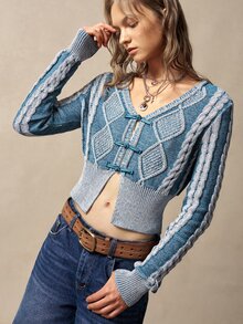 Bohemela Fall/Winter,Women's Washed V-Neck Long Sleeve Mixed Blue Wool Twisted Rope Chinese Knot Knit Cardigan,Twist Special Dye Technique,Frog Toggle Button - Blue and White - View 5
