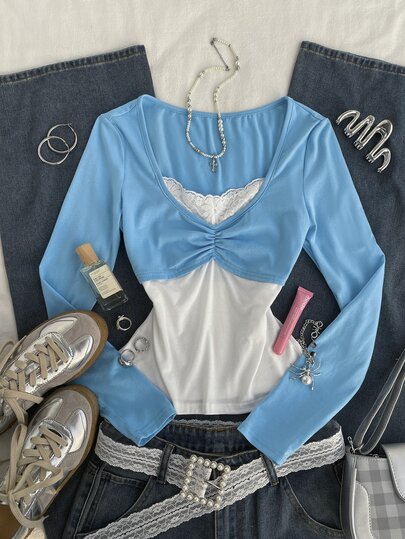 Attitoon Women's 2 In 1 T-Shirt, Mint Green & Ice Blue Lace Patchwork, Long Sleeve, Slim Fit, Flattering, Color, Casual Minimalist Daily Versatile, Party, Airport, Y2K Tops, Date Outfit, Summer Outfit, Going Out Outfit