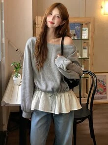 Dazy Tall Women's Korean Style Long Sleeve Patchwork Hem 2 In 1 Sweatshirt - Grey - View 3
