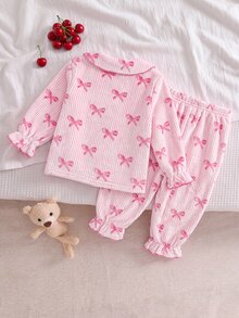 SHEIN 女嬰蝴蝶結圖案長袖單排扣上衣與長褲家居服套裝 秋季 - 粉色 - 查看 2