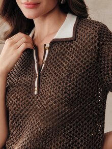 Anewsta 女款春夏拼色亞麻鏤空針織 Polo 衫，復古翻領短袖上衣 - 鏽棕色 - 查看 2