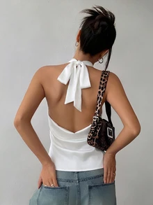 Firerie Women's Spring/Summer Elegant Exquisite Romantic Fashion Commute Urban Modern Vacation Casual Daily Music Festival Deep V-Neck Halter Neck Ribbon Lace Patchwork Backless Satin Coffee Color Blouse Top - White - View 2