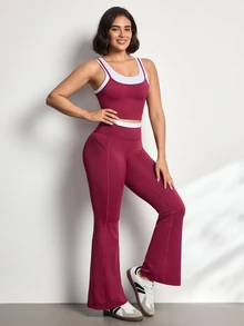 Eassivo Women's Colorblock Top And Leggings Casual Daily Sports Set - Burgundy - View 6