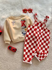中性嬰兒男/女嬰、幼兒秋冬休閒可愛紅色格紋吊帶褲與衛衣套裝，嬰兒冬季服裝套裝，街頭風，聖誕節 - 紅色 - 查看 1