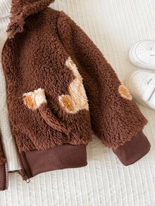 SHEIN LMoss Kids 女嬰休閒純色可愛愛心圖案毛茸茸連帽冬季外套 - 棕色 - 查看 5