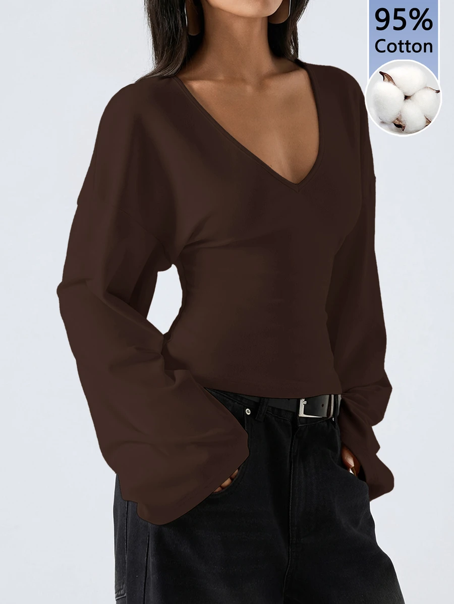 LYSMO 95% Cotton Bell Sleeve Women's Top, Solid Brown, Suitable For Spring And Autumn - Brown - View 1