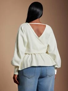 SHEIN SXY Plus Size Women's Solid Color V-Neck Knotted Waist Casual Versatile Long Sleeve Sweater - White - View 2